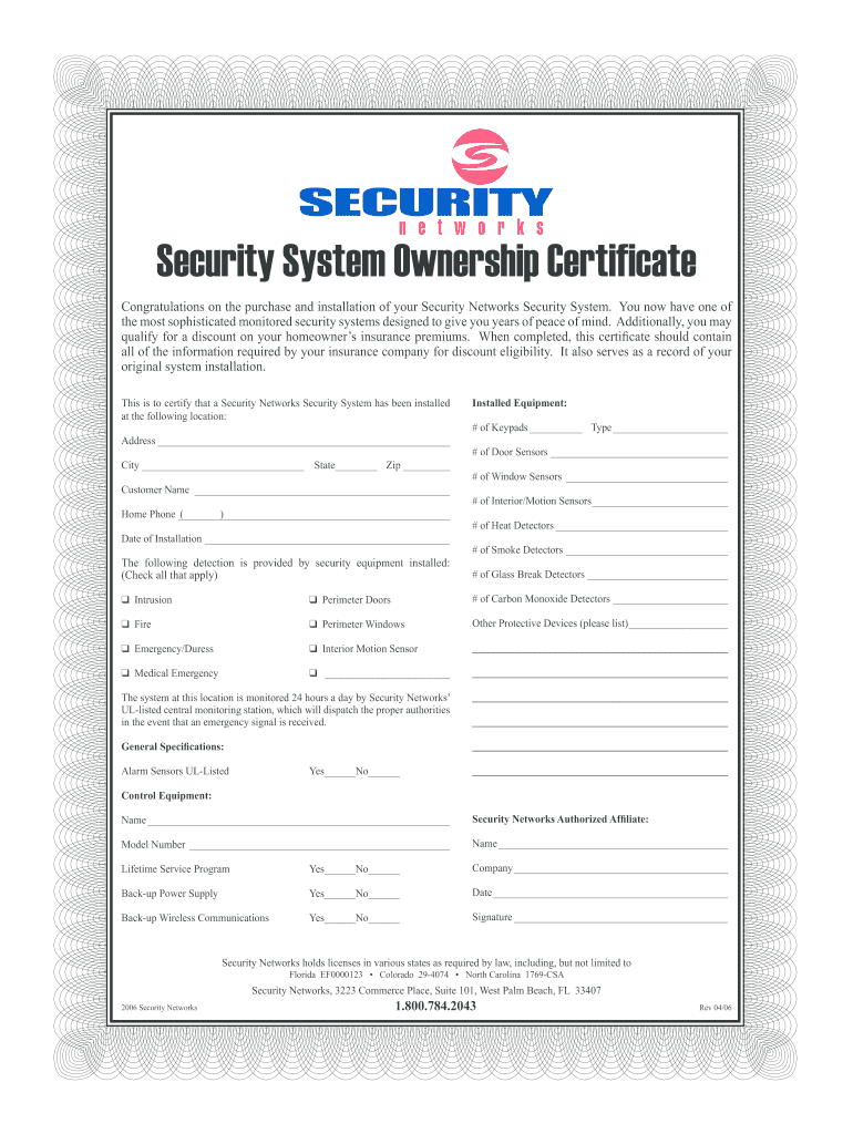  Security System Ownership Certificate  Security Networks 2006-2024