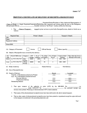 Printers Certificate of Delivery  Form