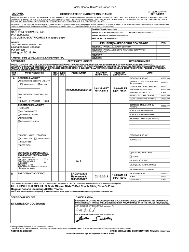 Certificate of Liability Insurance Lexington Dixie Baseball Myldyb  Form