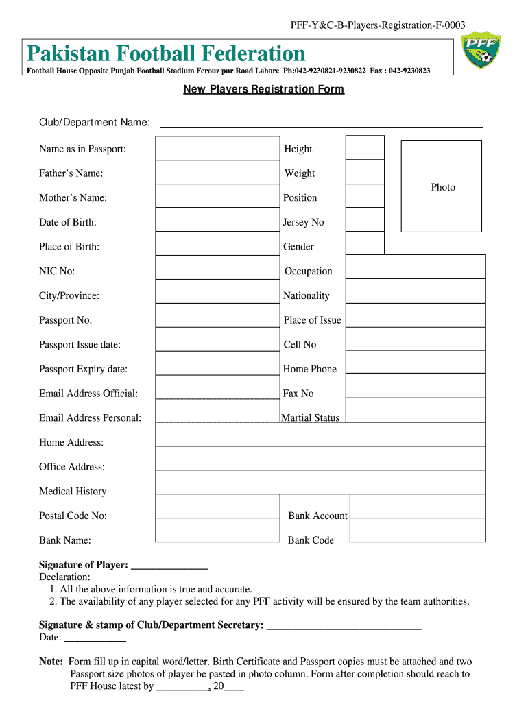 Football Player Registration Form Sample