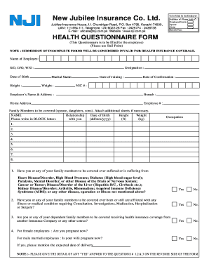 Health Insurance Questionnaire Sample  Form