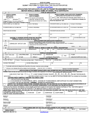 Florida Application for Duplicate or Lost in Transitreassignment for a Mobile Home Form