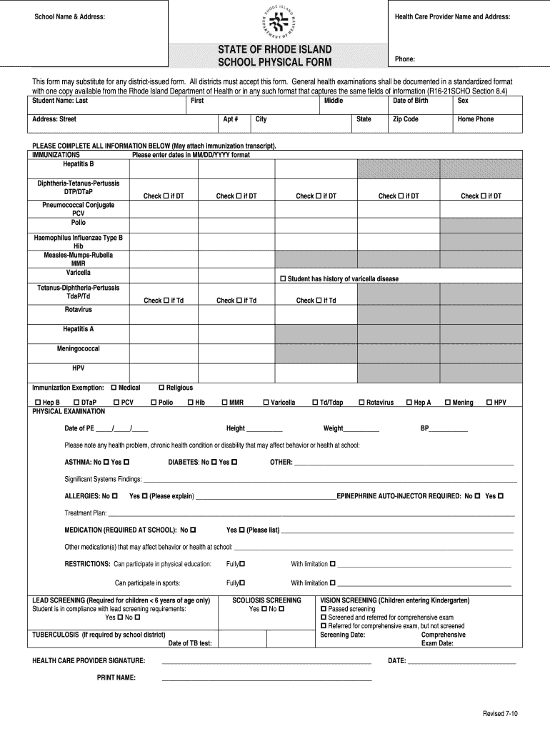  STATE of RHODE ISLAND SCHOOL PHYSICAL FORM 2010-2024