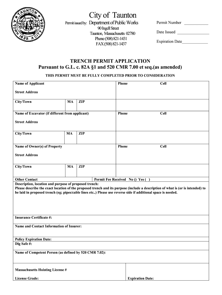 Massachusetts Trench Permit  Form