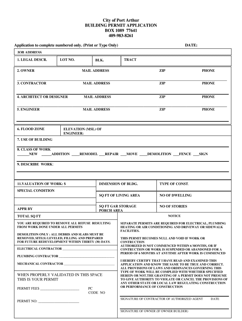 City of Port Arthur Permits  Form