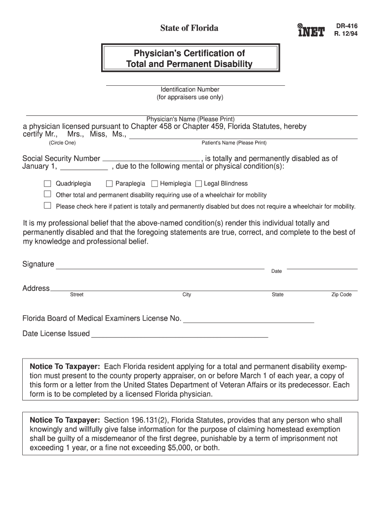  Physicians Certification of Total and Permanent Disability Form in New York 1994