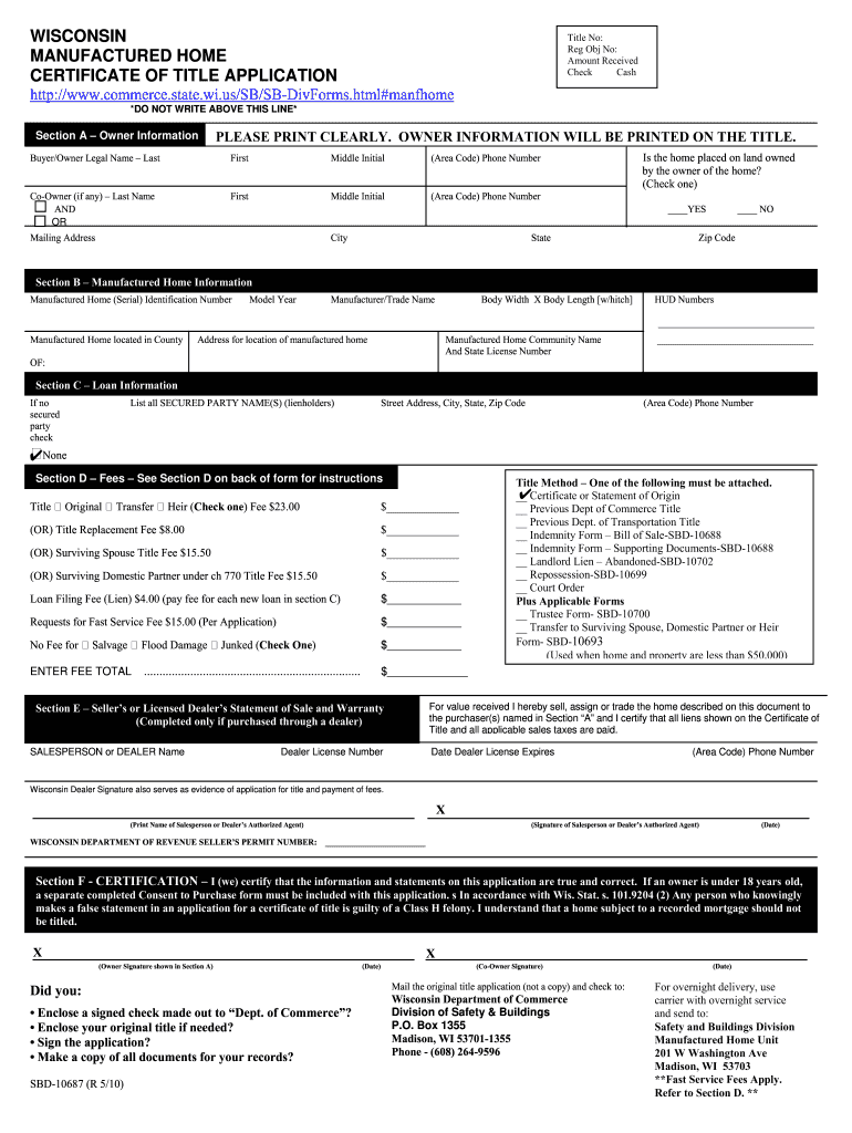  Wisconsin Sbd 10687 Form 2010