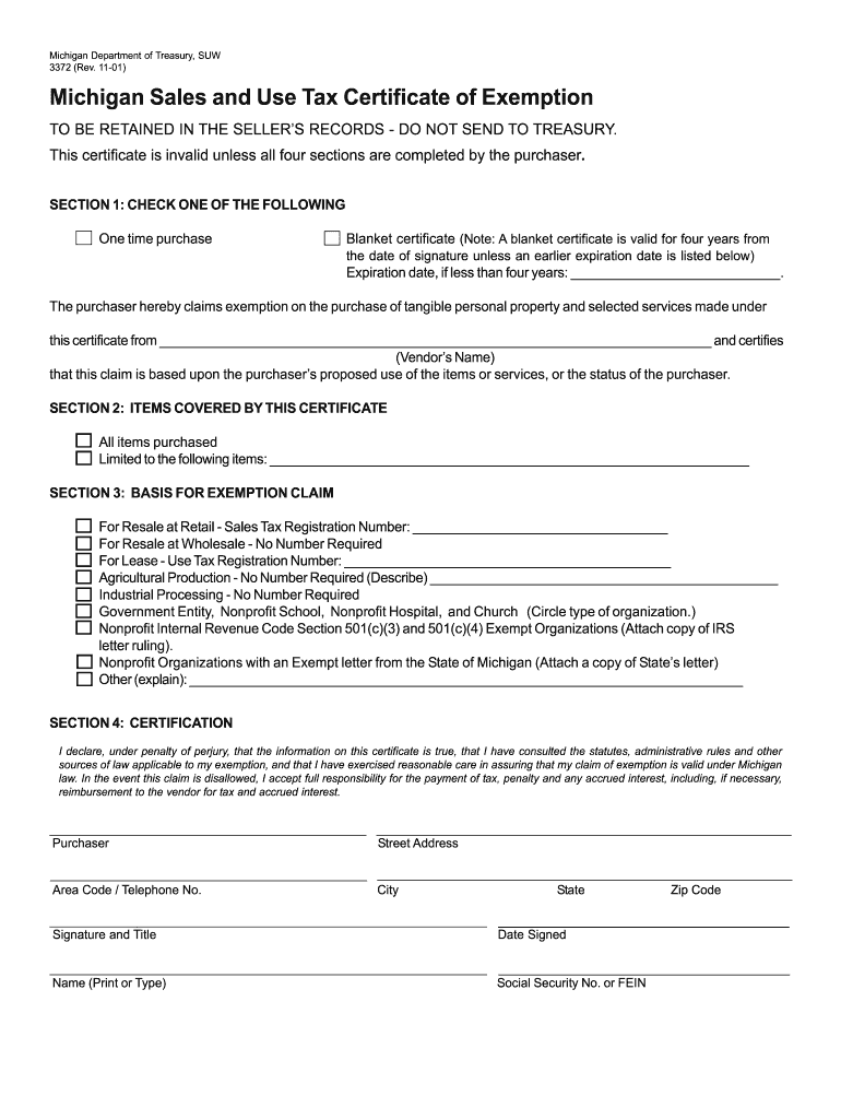  Resale Certificate Michigan  Form 2001