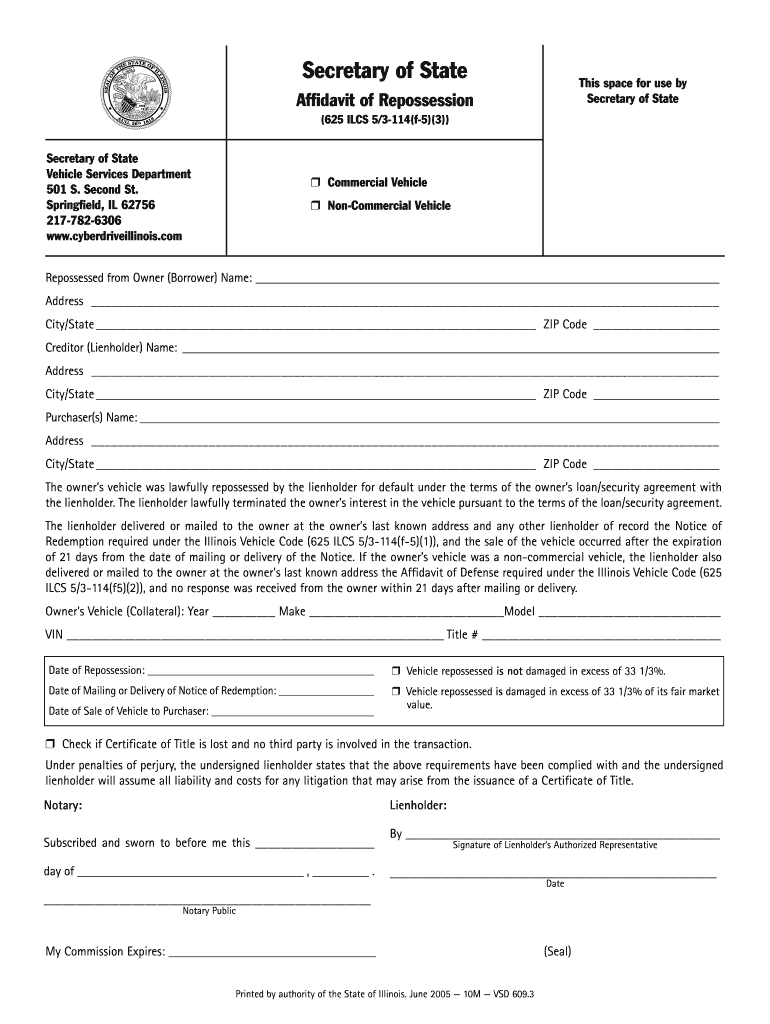 Affidavit of Repossession Illinois  Form