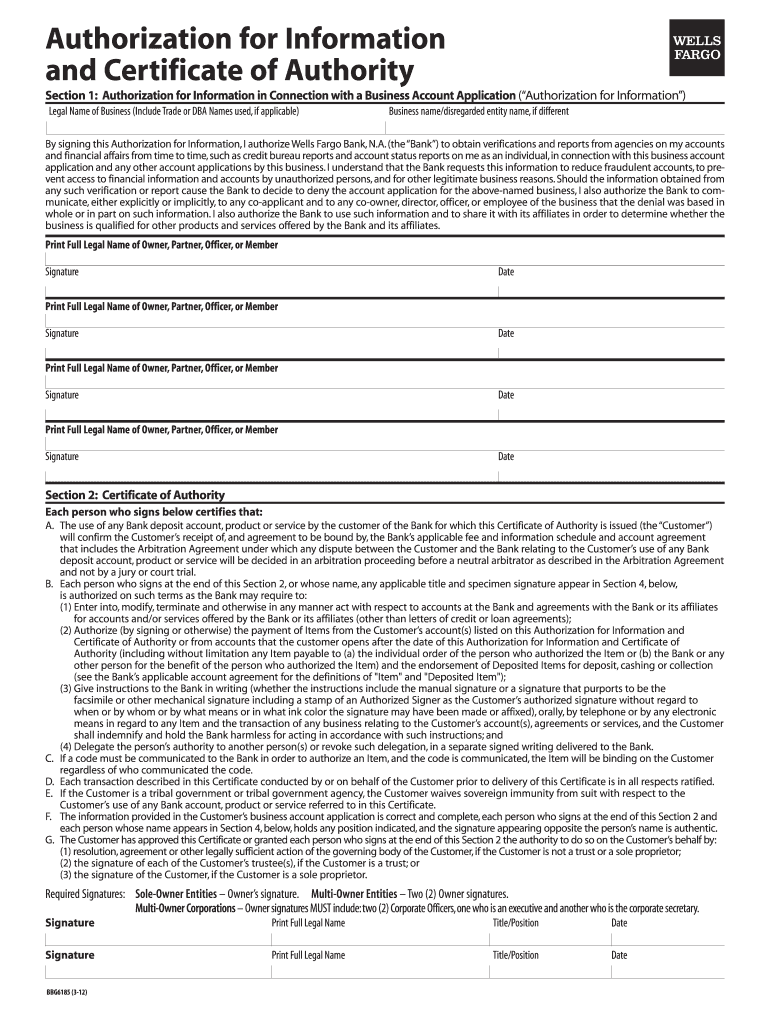 Get and Sign Wells Fargo Certificate of Authority 2012-2022 Form