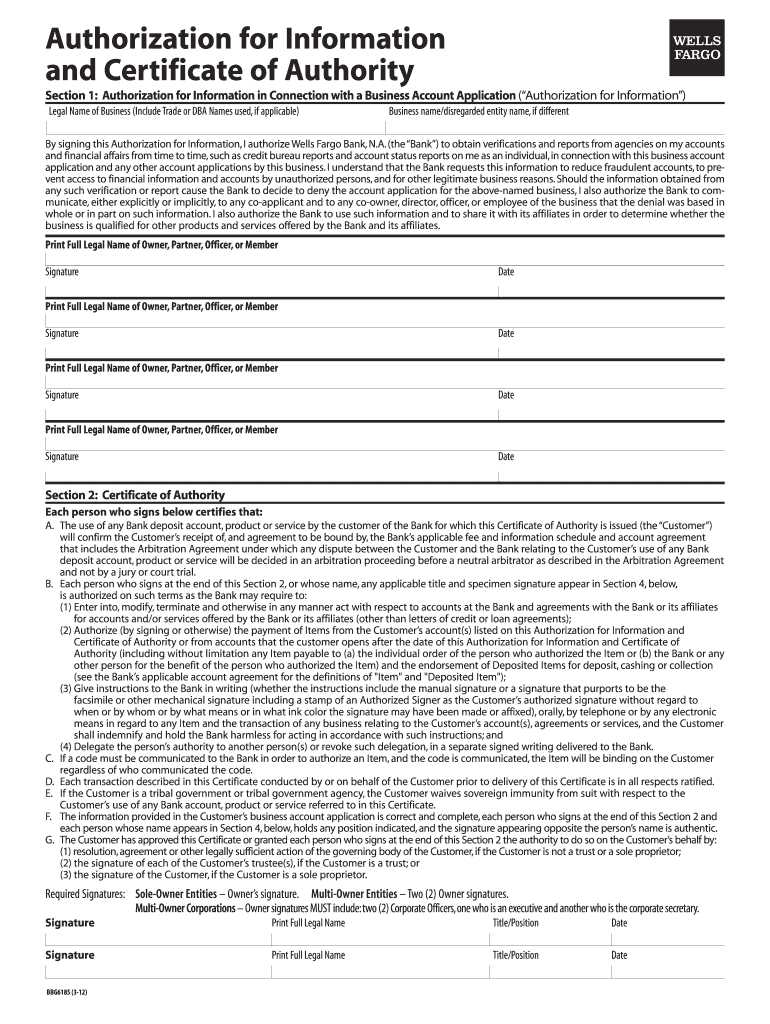  Wells Fargo Certificate of Authority 2012