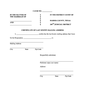 Certificate of Last Known Address Harris County  Form