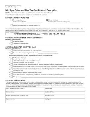 Michigan Sales Tax Exemption  Form