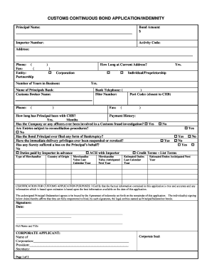 Customs Continuous Bond Applicationindemnity Surety Bond  Form