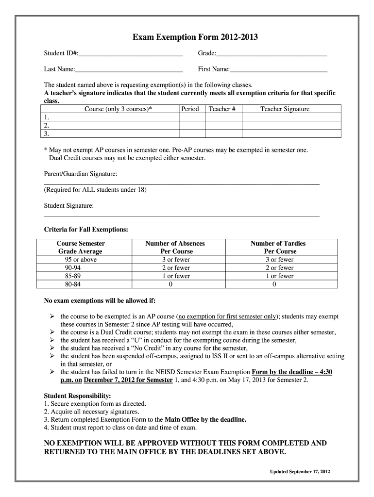  Neisd Exam Exemption Form 2012-2024