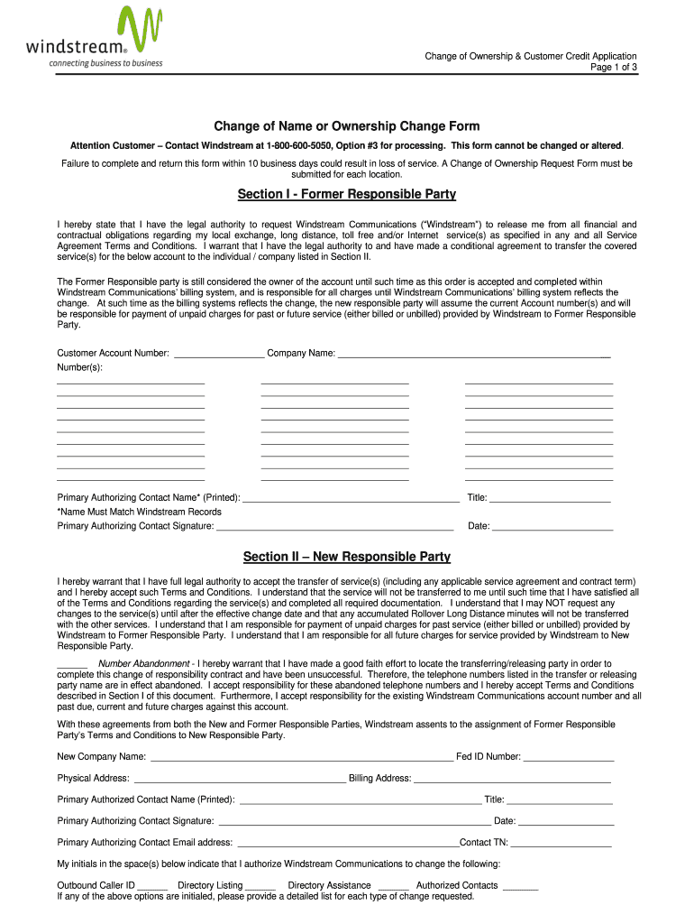 Windstream Change of Ownership Form