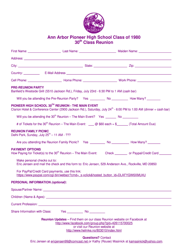 Class Reunion Form