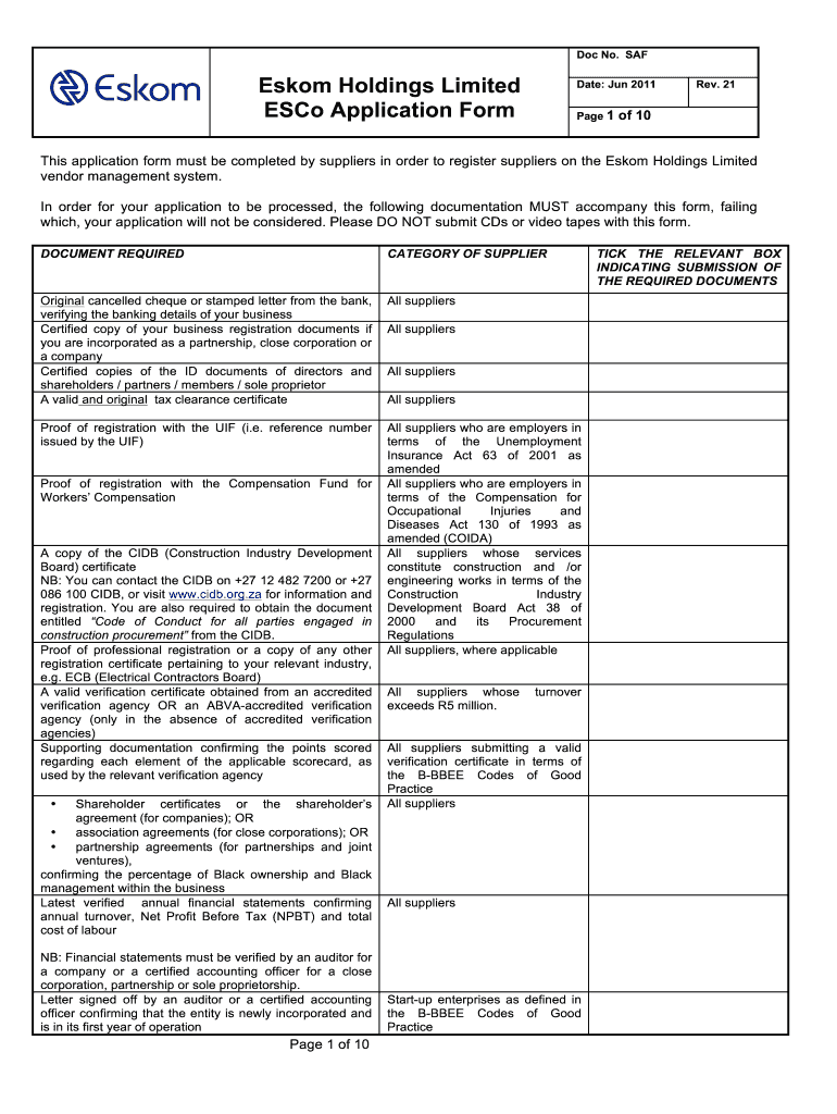  Eskom Supplier Database Forms 2011-2024