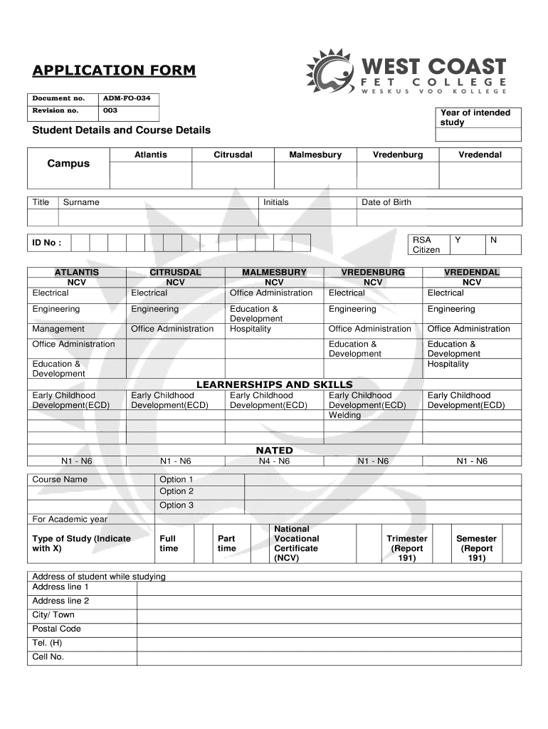  West Coast College Online Application 2003