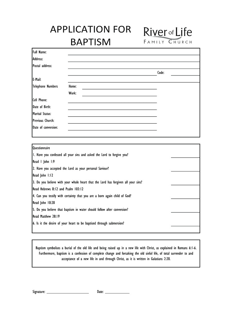 Baptism Application Form Example
