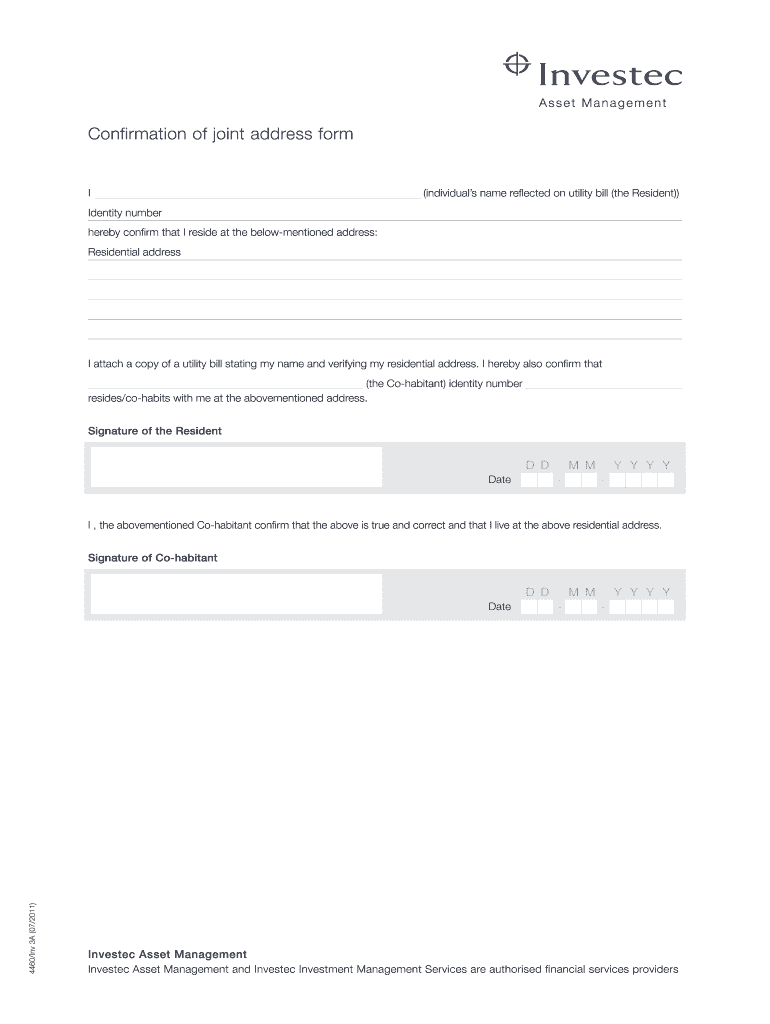 Confirm of Joint Address Form Investec