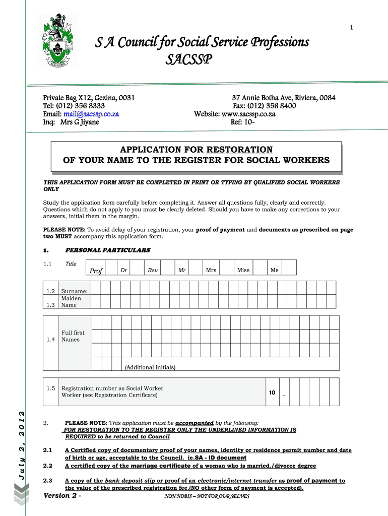  Social Auxiliary Work Registration Form 2012-2023