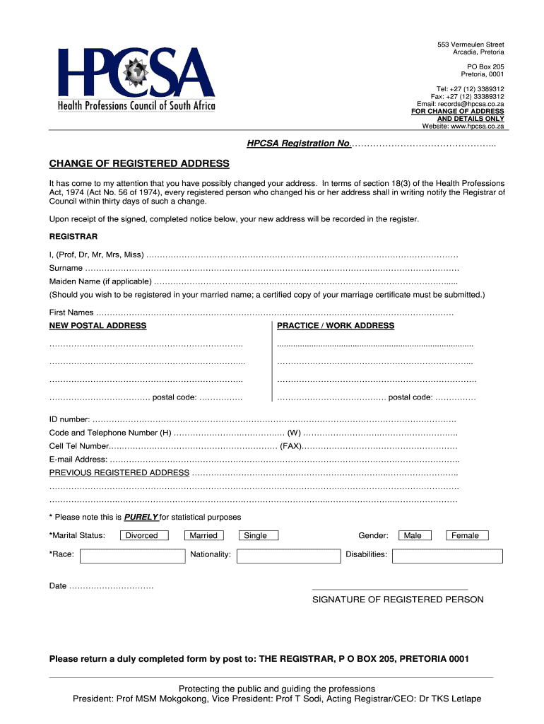 Hpcsa Change of Address  Form