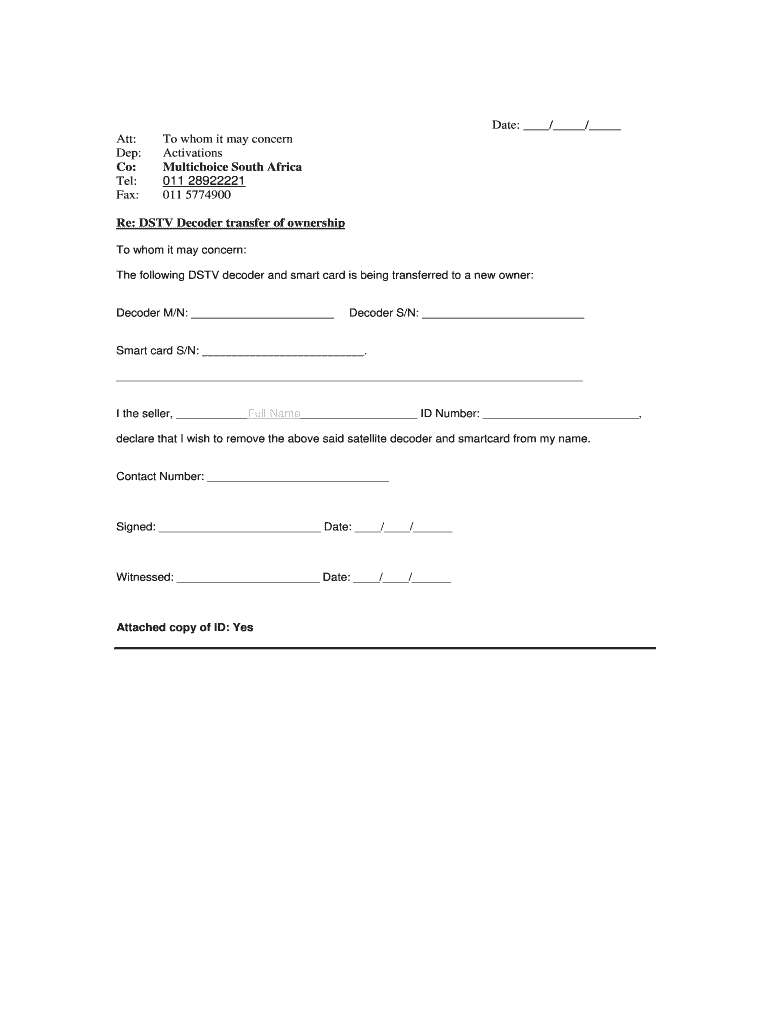 Dstv Change of Ownership  Form