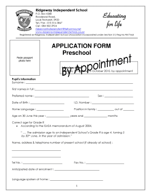 APPLICATION FORM Preschool Ridgewayindependentschool Co Za