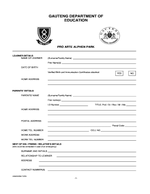 Pro Arte Alphen Park School Fees  Form