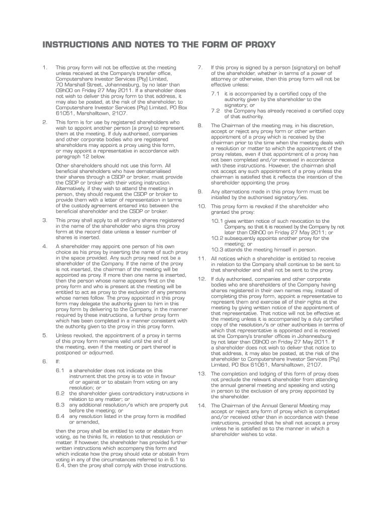 INSTRUCTIONS and NOTES to the FORM of PROXY