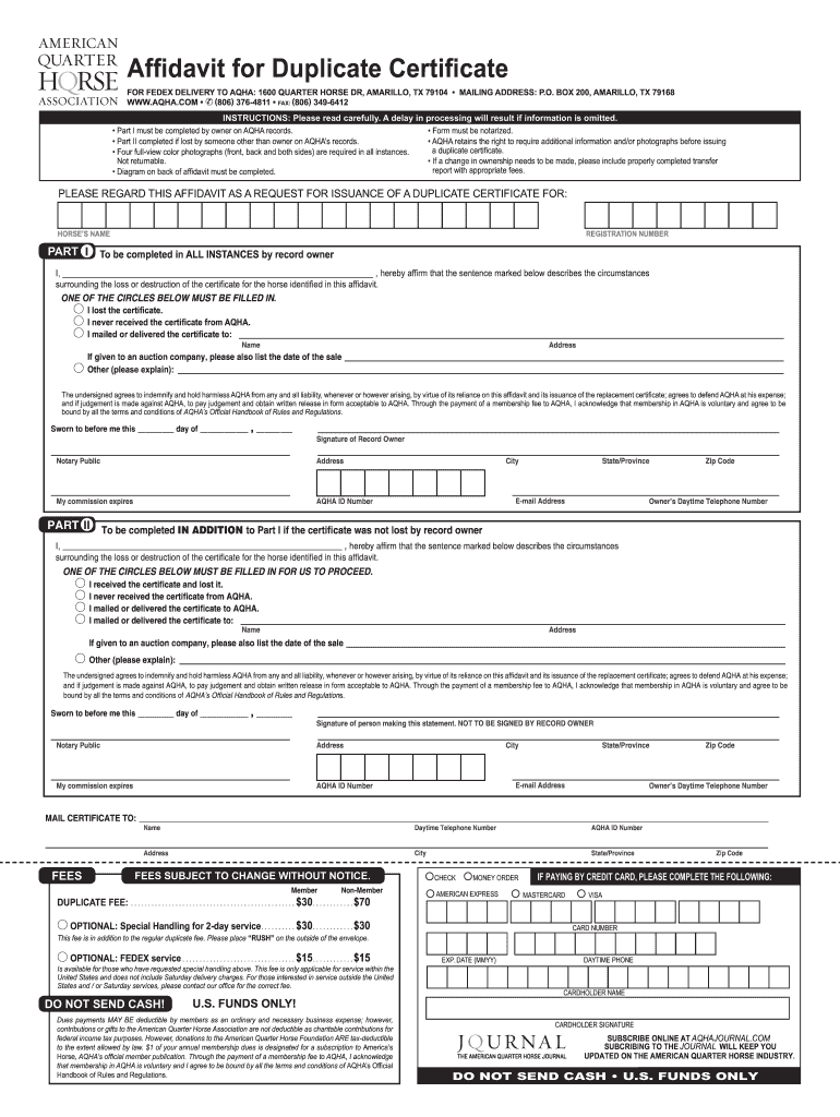 Aqha Duplicate Certificate  Form