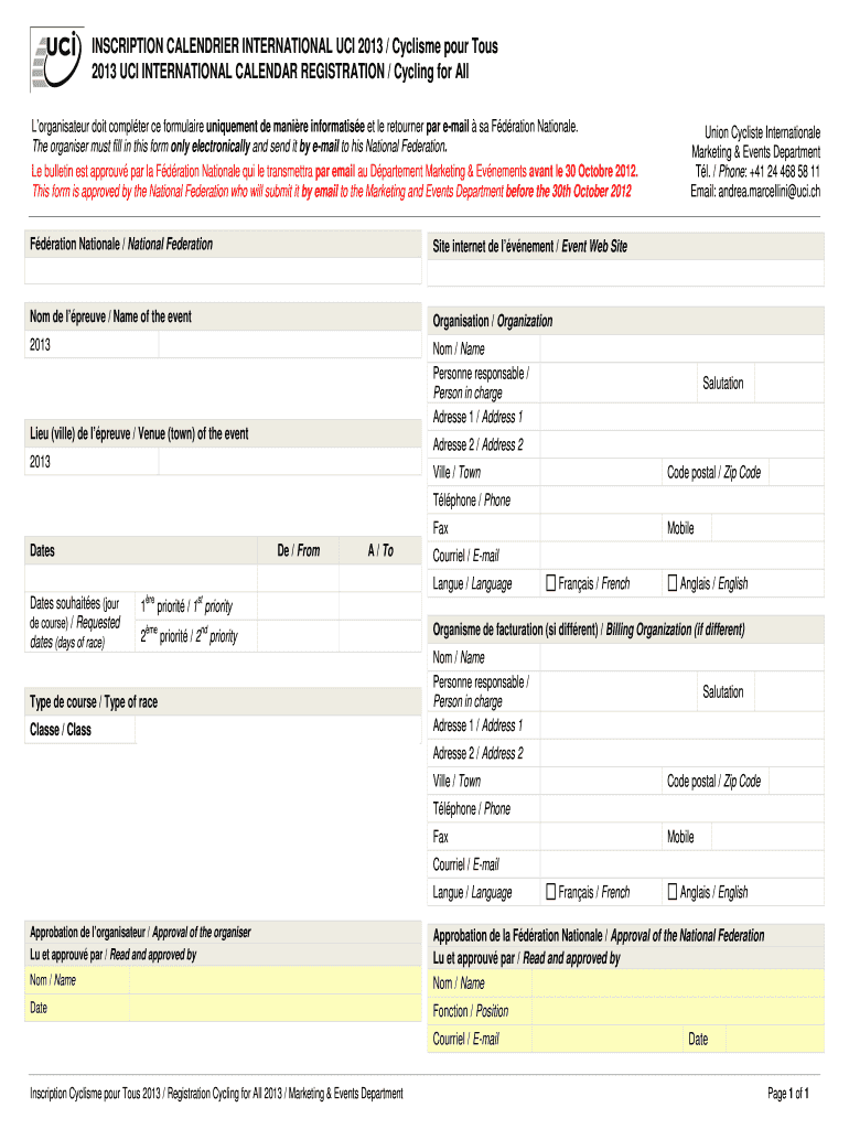 INSCRIPTION CALENDRIER INTERNATIONAL UCI Form