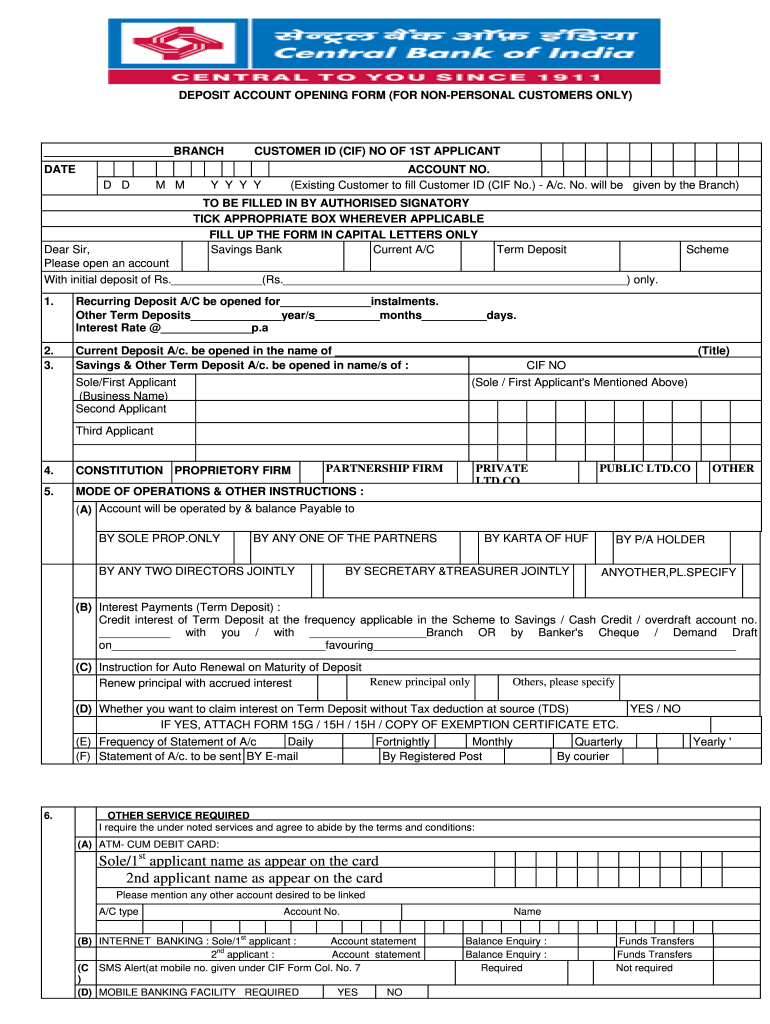 Central Bank of India Account Opening Form Filling Sample