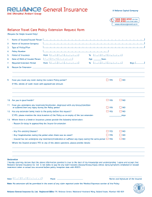 Reliance Insurance Form