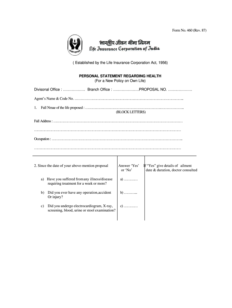 lic form for personal statement regarding health