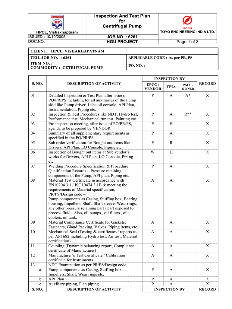 Inspection and Test Plan  Form