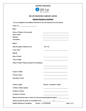 Sbi Life Insurance Medical Attendant&#039;s Certificate  Form
