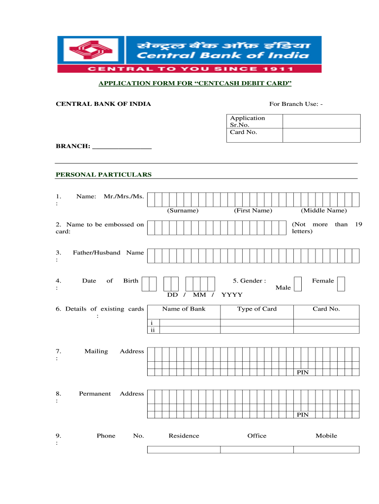 Central Bank of India Atm  Form
