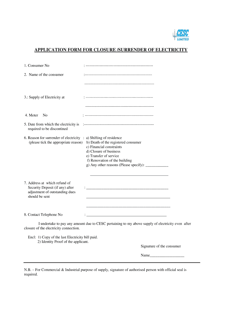 Application for Disconnection of Electricity Connection  Form