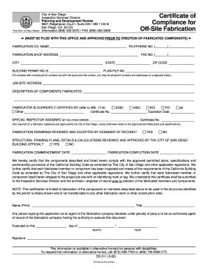 Certificate of Compliance for off Site Fabrication City of San Diego Sandiego  Form