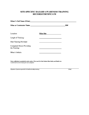 Site Specific Hazard Awareness Training Record Certificate  Form