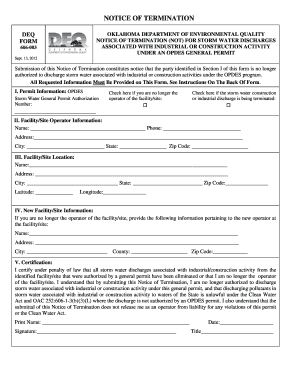 Form 605 003 Notice of Termination NOT the Oklahoma Deq State Ok