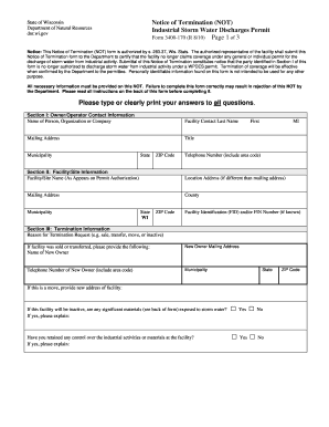 Notice of Termination NOT Industrial Storm Water Discharges Permit Form 3400 170 R 810 Page 1 of 3 State of Wisconsin Department