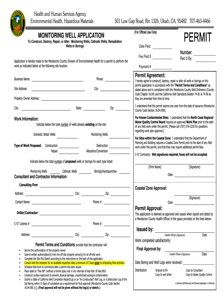 Monitoring Well and Boring Permit Application  County of Mendocino  Co Mendocino Ca  Form