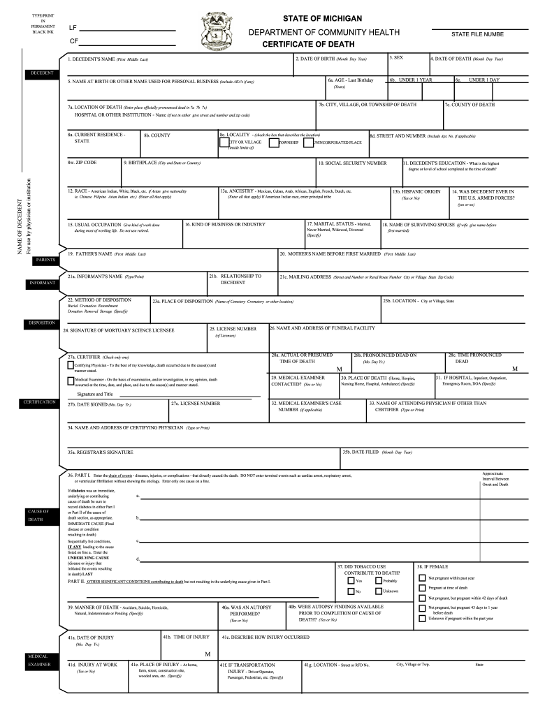 Michigan Death Certificate PDF  Form