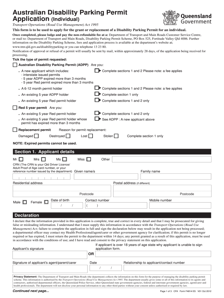 Australian Disability Parking Permit Application Individual Support Transport Qld Gov  Form