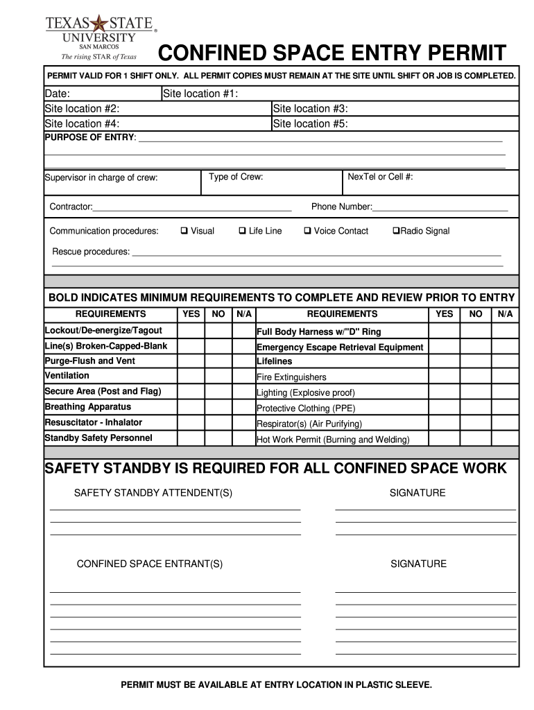 Fillable PDF Confined Space Permit  Form