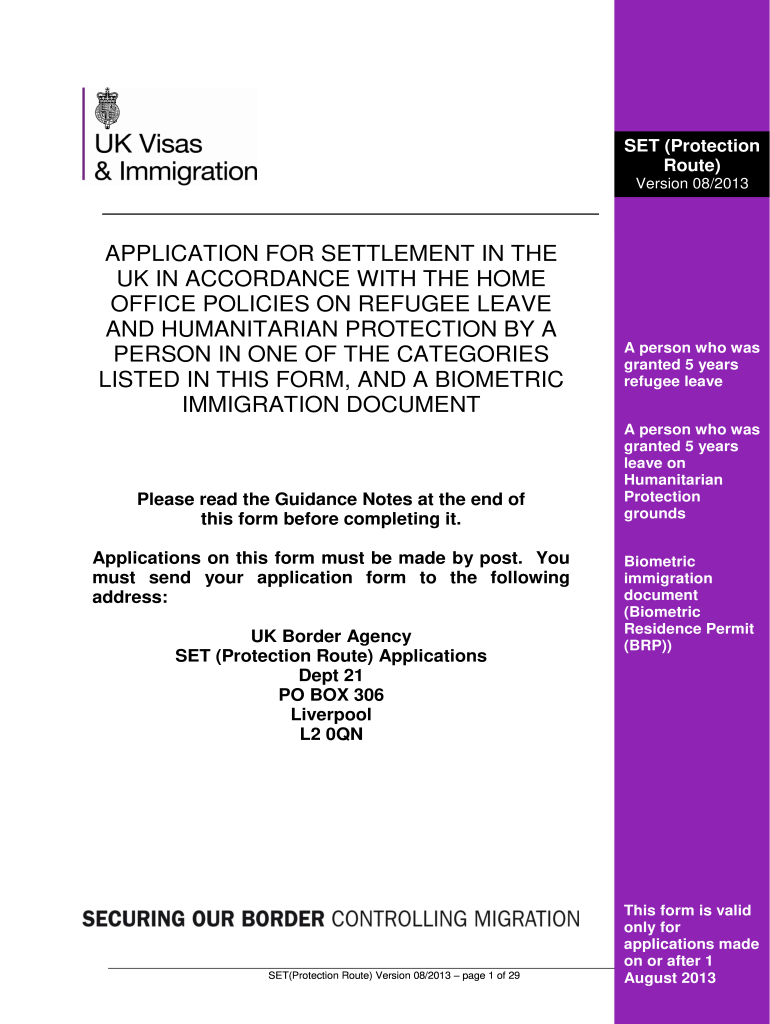  Form SET Protection Route UK Border Agency Home Office 2018