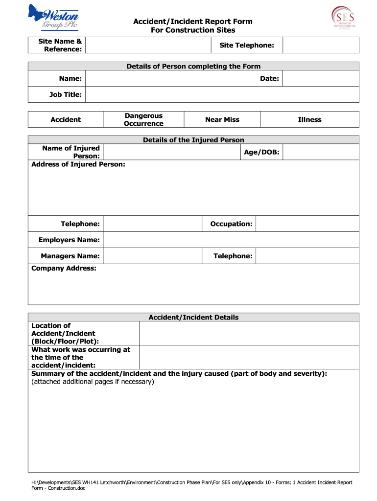 Construction Incident Report Template  Form